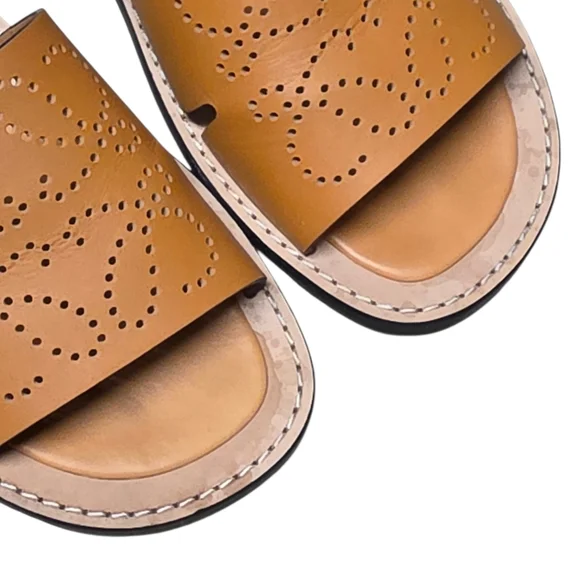 LOEWE Anagram Perforated Leather Slides Sandals Caramel - Size 10